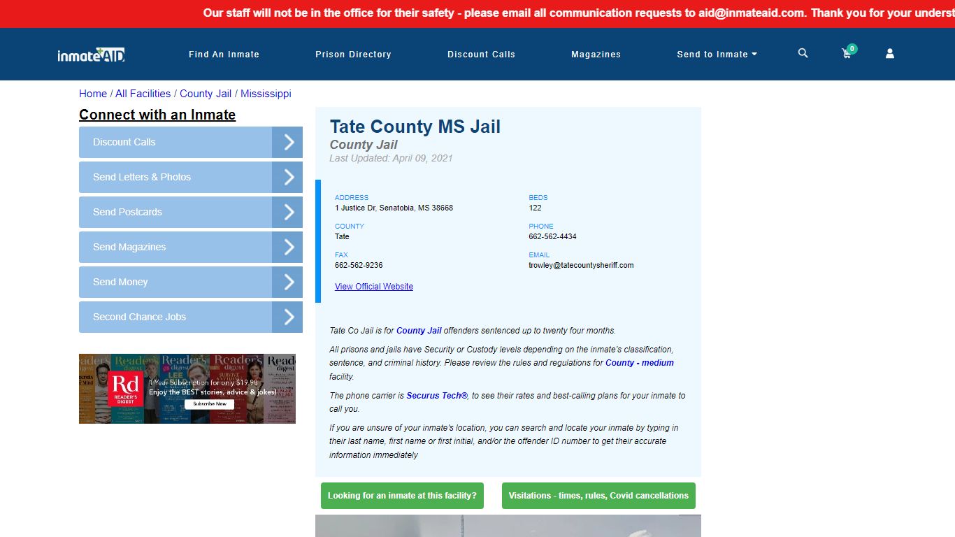 Tate County MS Jail - Inmate Locator - Senatobia, MS