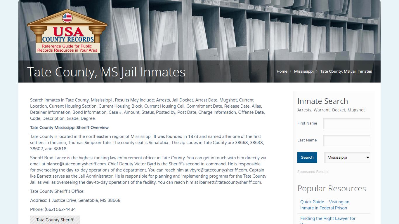 Tate County, MS Jail Inmates | Name Search